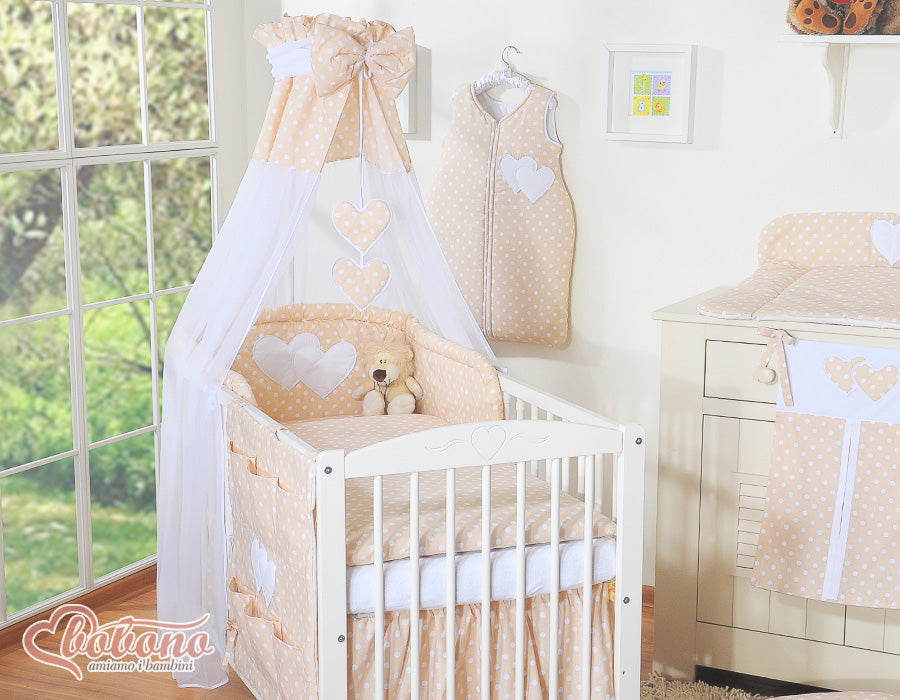 Bedding set 5-pcs 120x90 with canopy - Hanging Hearts white dots on beige
