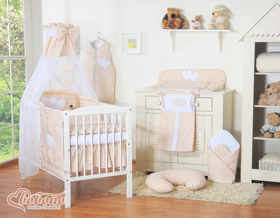 Bedding set 5-pcs 120x90 with canopy - Hanging Hearts white dots on beige