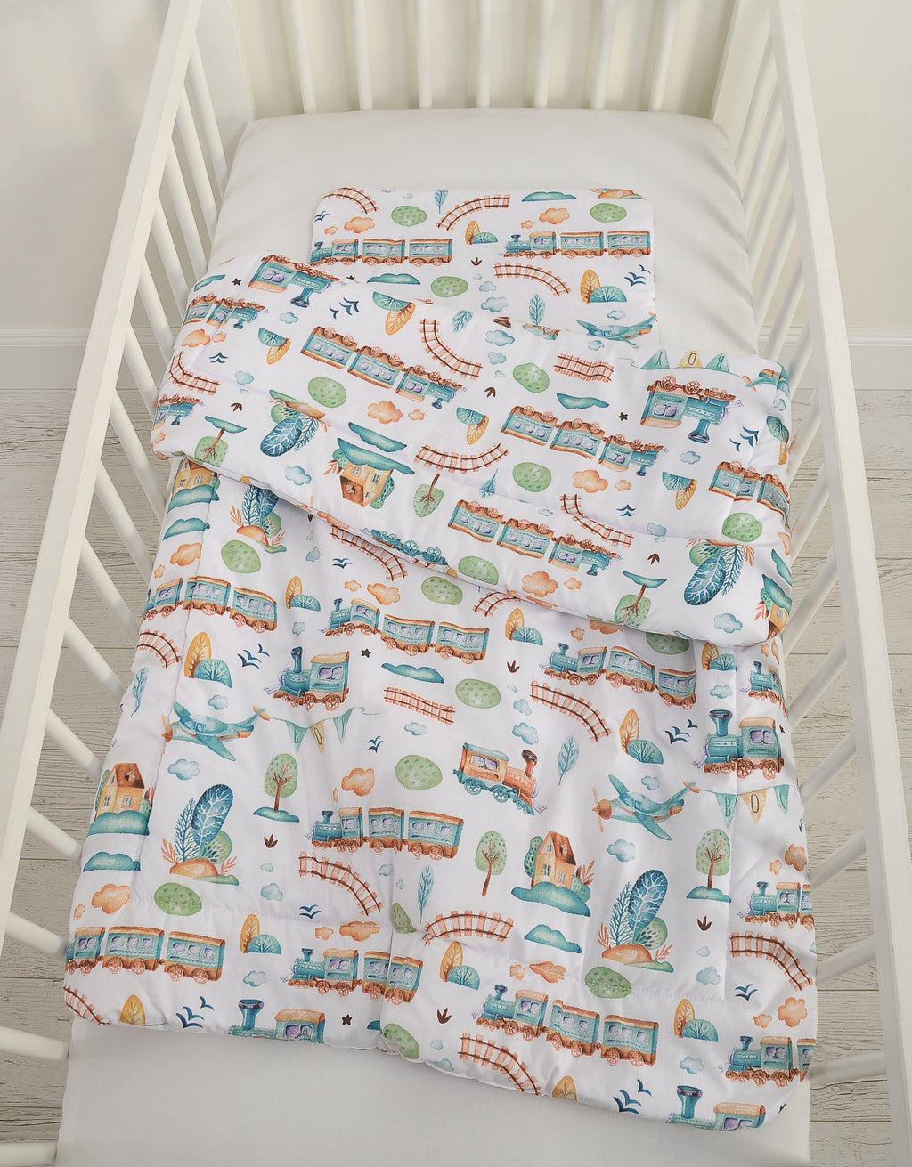 Bedding set 2-pcs with filling 135x100 cm - turquoise train
