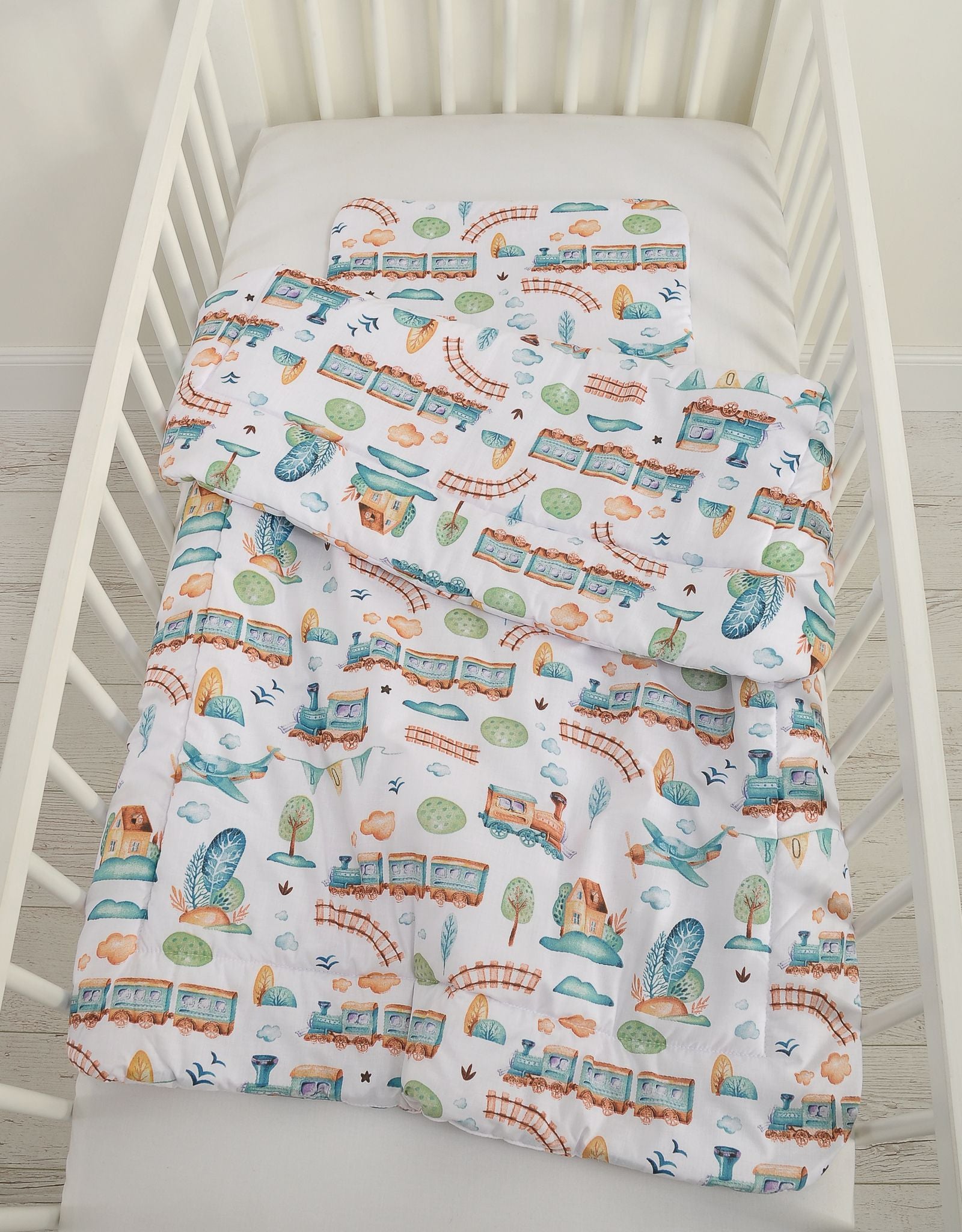 Bedding set 2-pcs with filling 135x100 cm - turquoise train