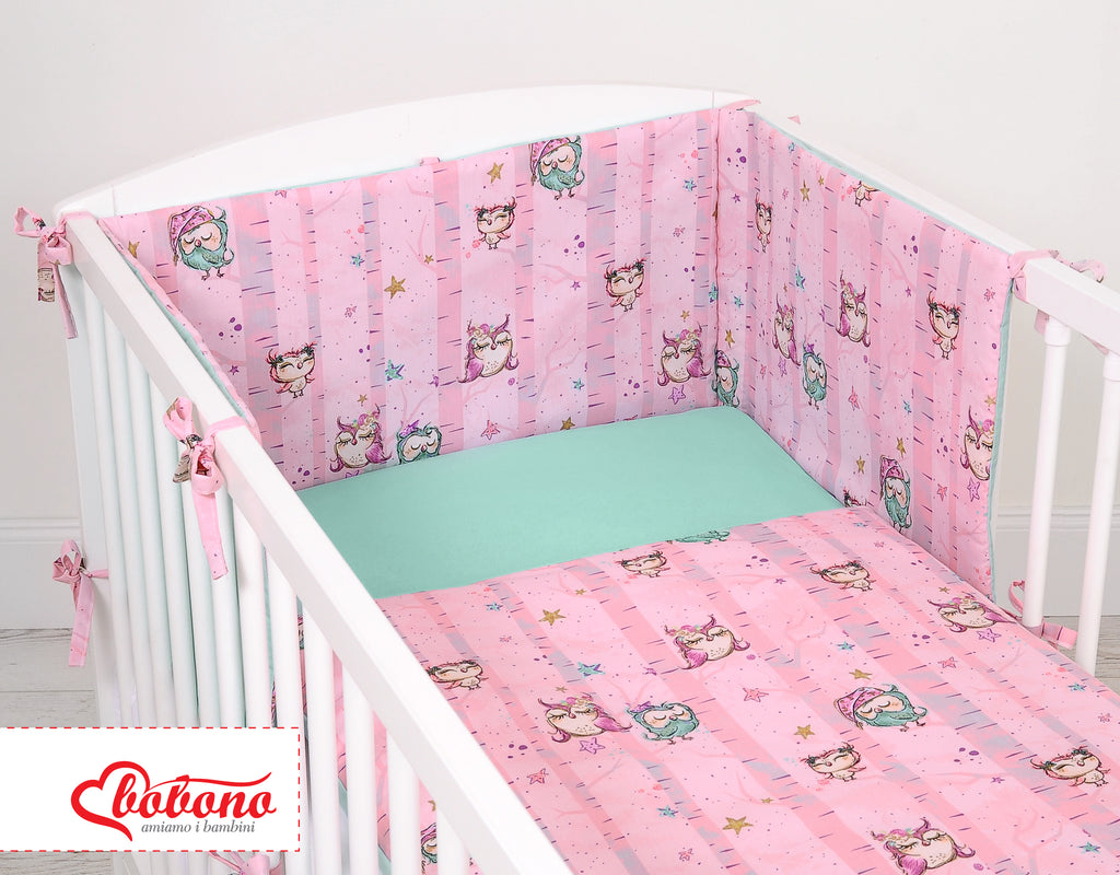 Universal bumper for cot - owls pink-mint