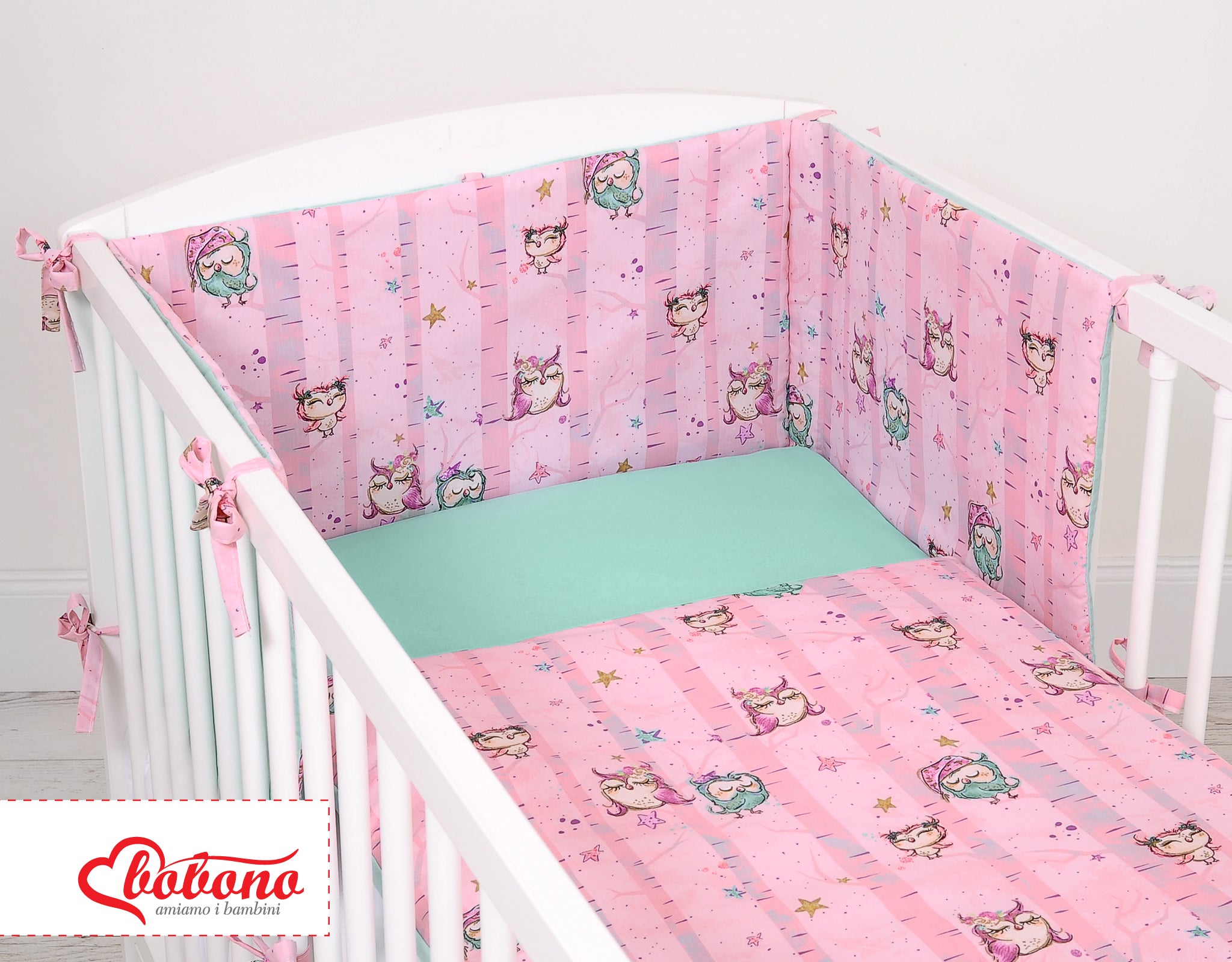 Universal bumper for cot - owls pink-mint