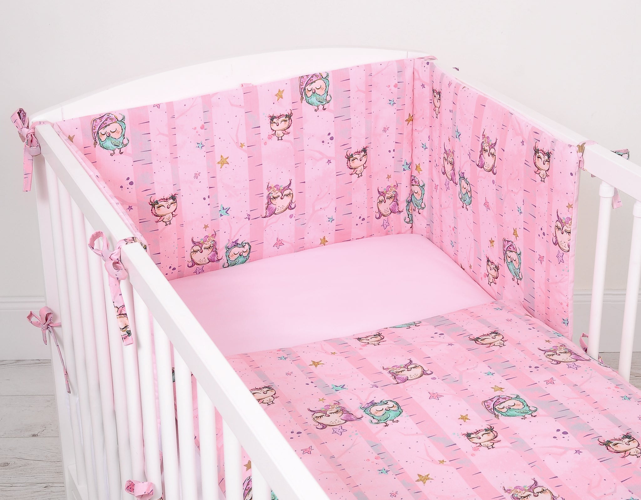 Universal bumper for cot - owls pink