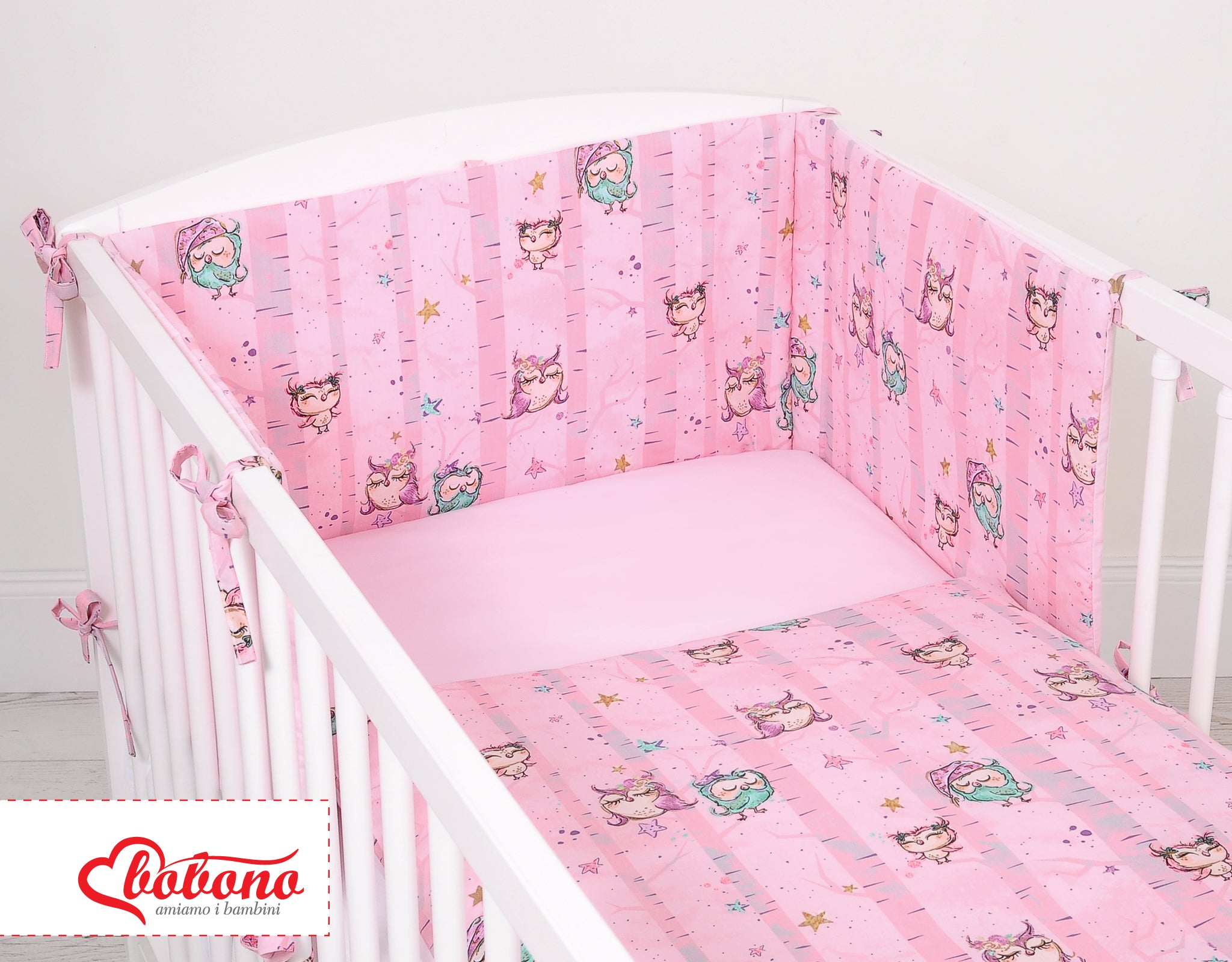 Universal bumper for cot - owls pink