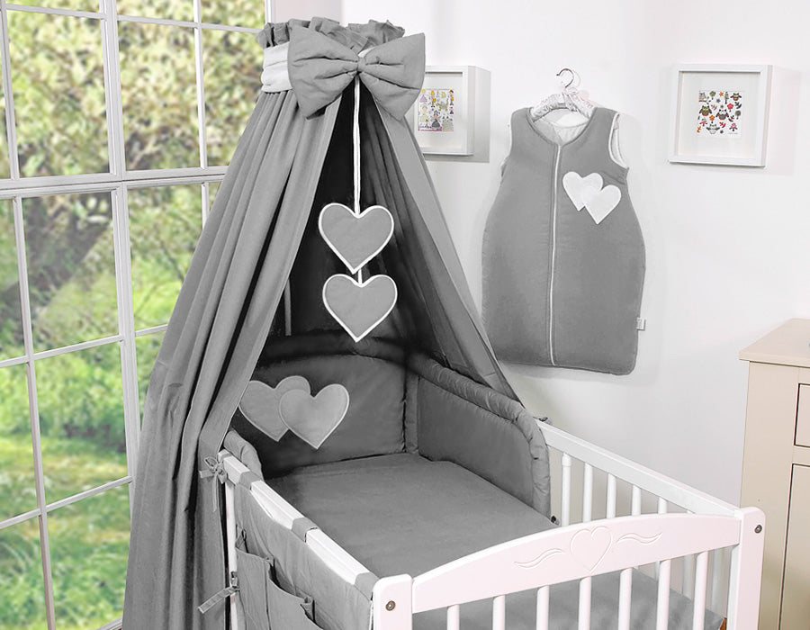 Bedding set 5-pcs 120x90 with canopy - Hanging Hearts anthracite