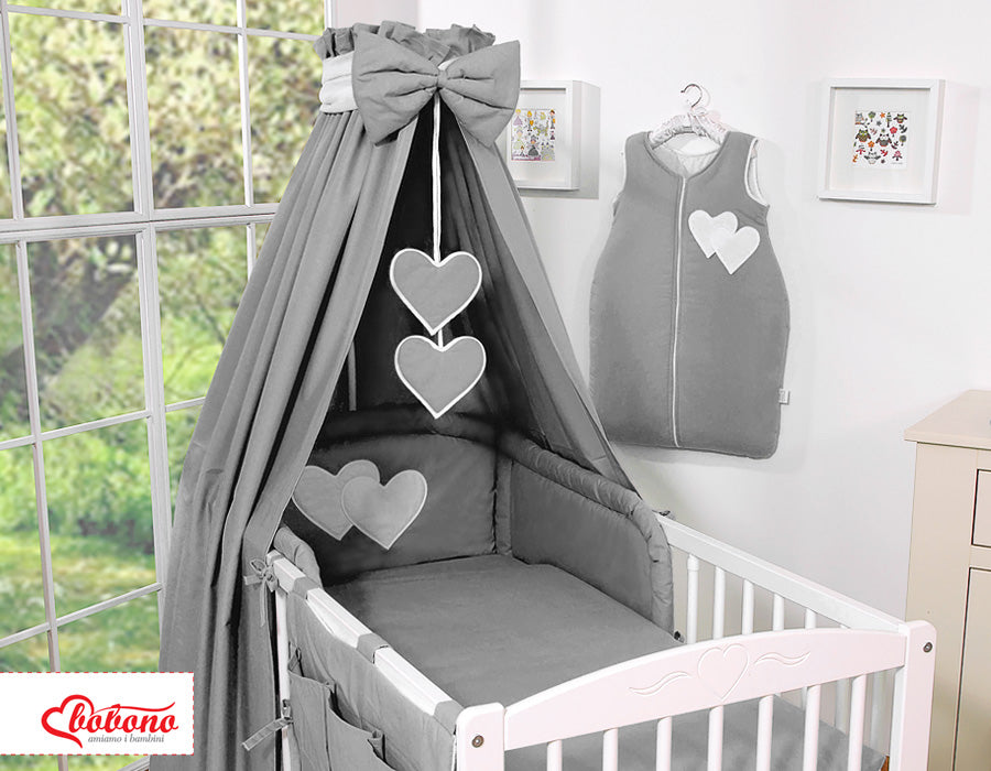 Bedding set 5-pcs 135x100 with canopy - Hanging Hearts anthracite