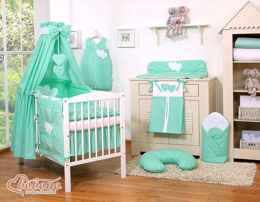 Bedding set 5-pcs 120x90 - Hanging Hearts white dots on mint