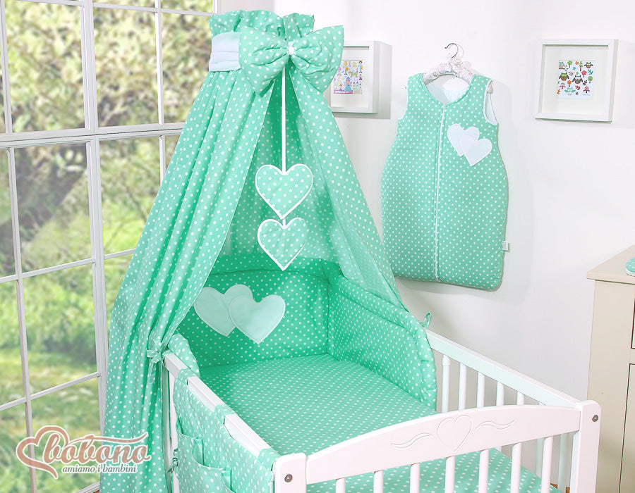 Bedding set 5-pcs 120x90 - Hanging Hearts white dots on mint