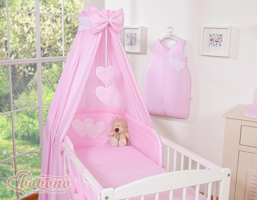 Bedding set 5-pcs 120x90 with canopy - Hanging Hearts pink strips