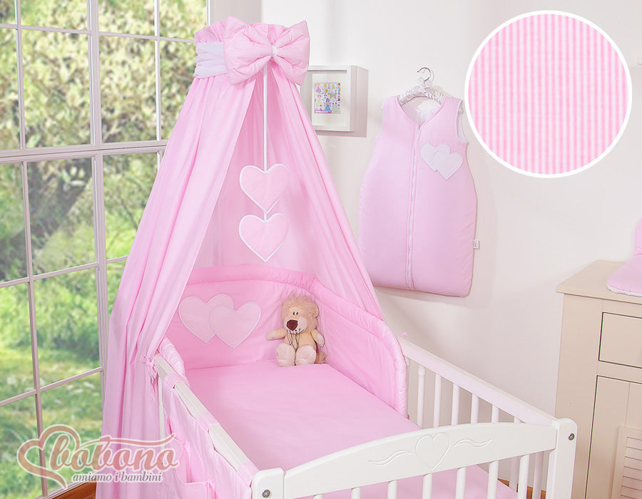 Bedding set 5-pcs 120x90 with canopy - Hanging Hearts pink strips