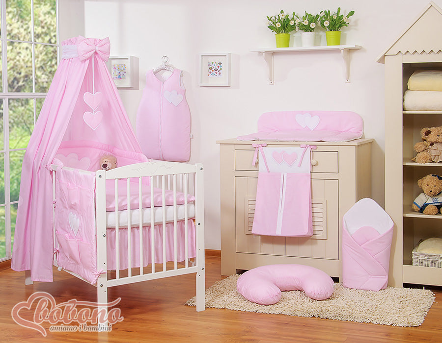 Bedding set 5-pcs 120x90 with canopy - Hanging Hearts pink strips
