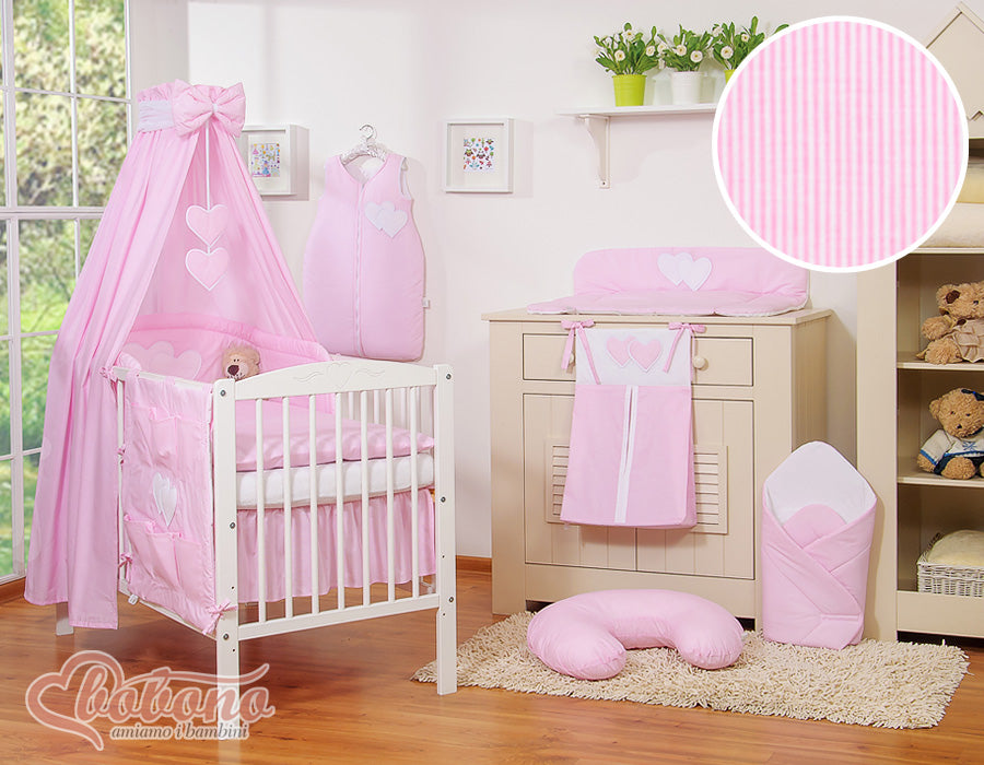 Bedding set 5-pcs 120x90 with canopy - Hanging Hearts pink strips