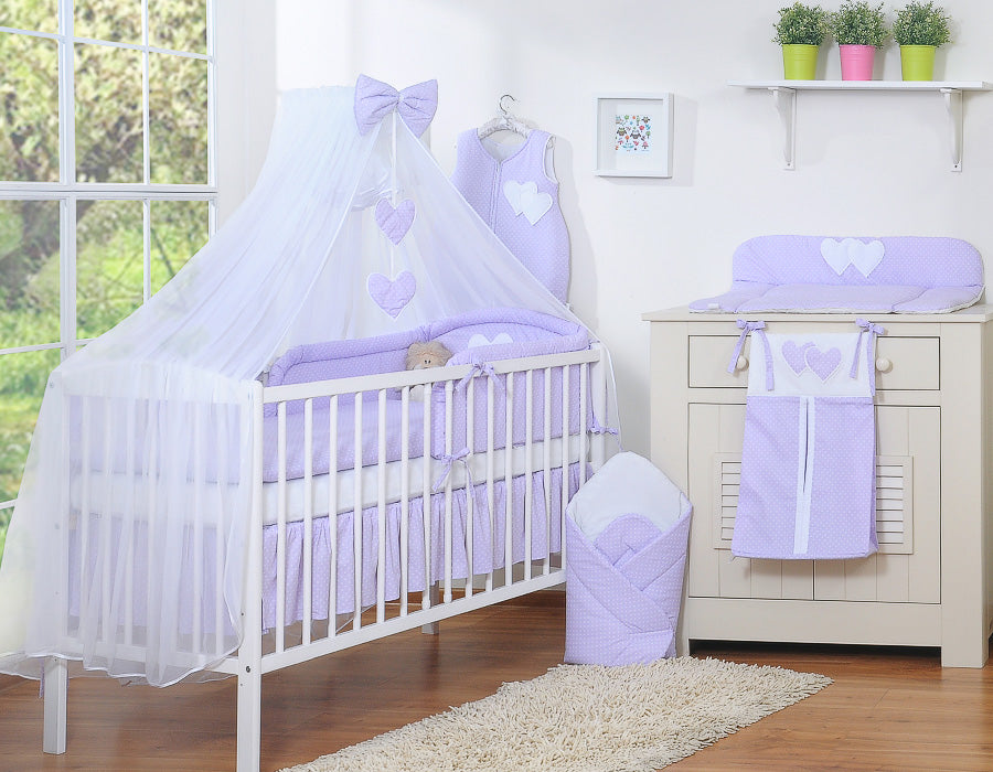 Bedding set 5-pcs with mosquito-net- Hanging Hearts white polka dots on lilac