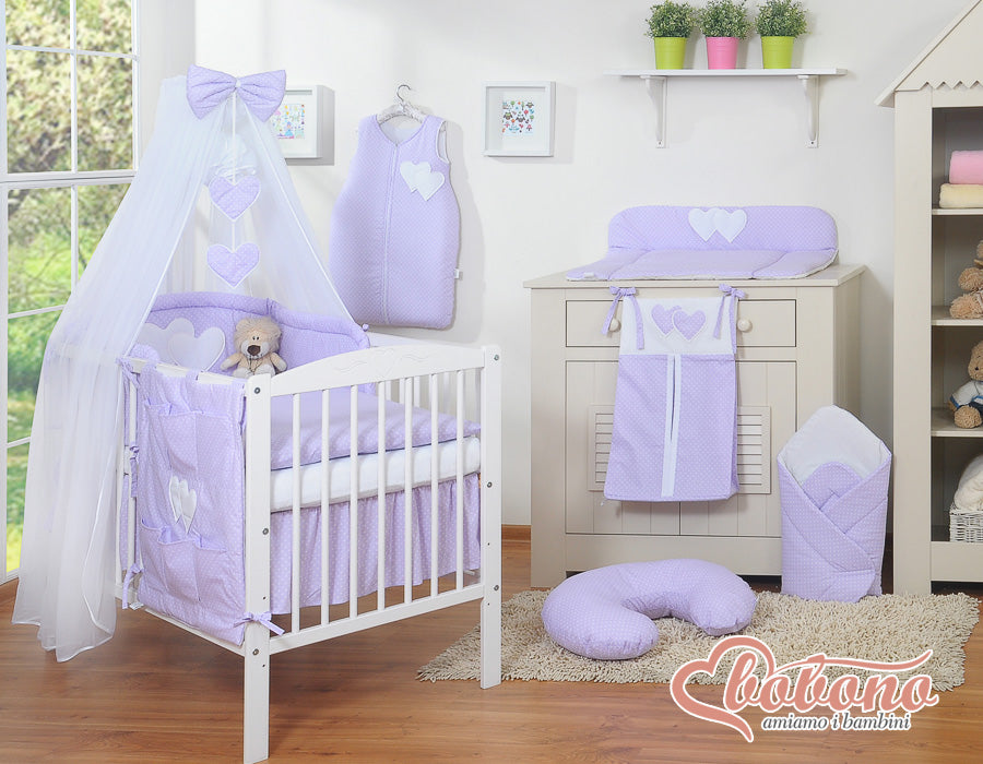 Bedding set 5-pcs with mosquito-net- Hanging Hearts white polka dots on lilac
