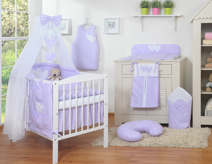 Bedding set 5-pcs with mosquito-net- Hanging Hearts white polka dots on lilac
