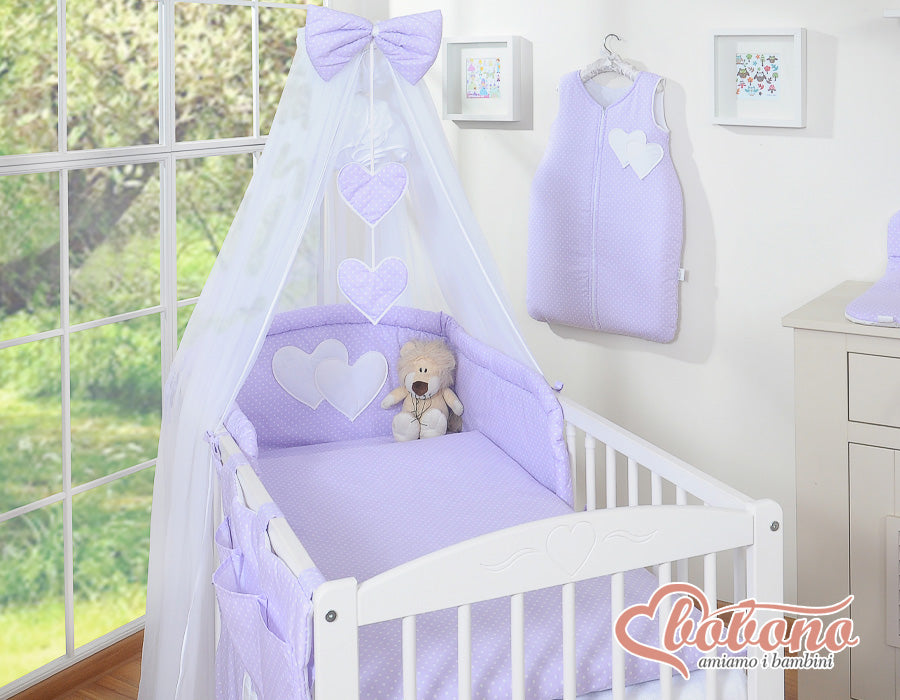 Bedding set 5-pcs with mosquito-net- Hanging Hearts white polka dots on lilac