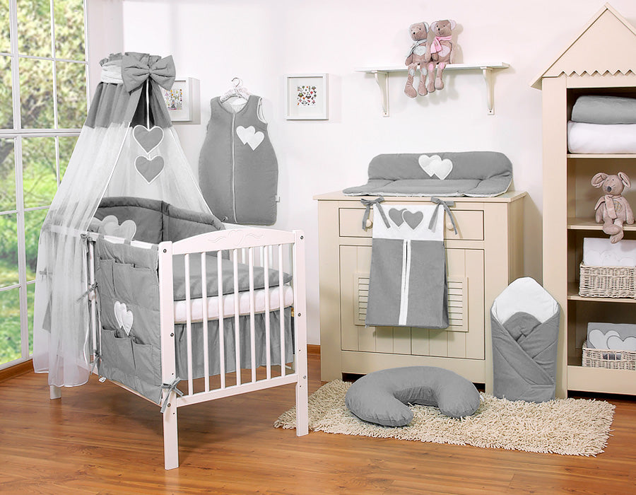 Bedding set 5-pcs 120x90 with canopy - Hanging Hearts anthracite