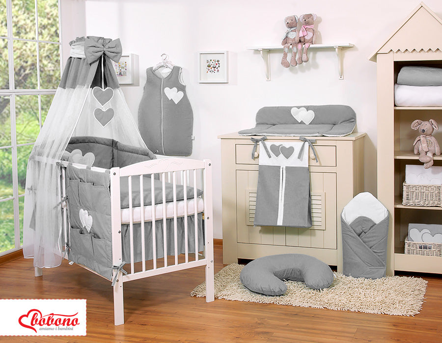 Bedding set 5-pcs 120x90 with canopy - Hanging Hearts anthracite