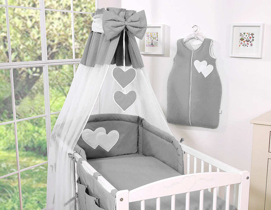 Bedding set 5-pcs 120x90 with canopy - Hanging Hearts anthracite