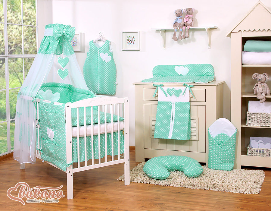 Bedding set 5-pcs 120x90 - Hanging Hearts white dots on mint