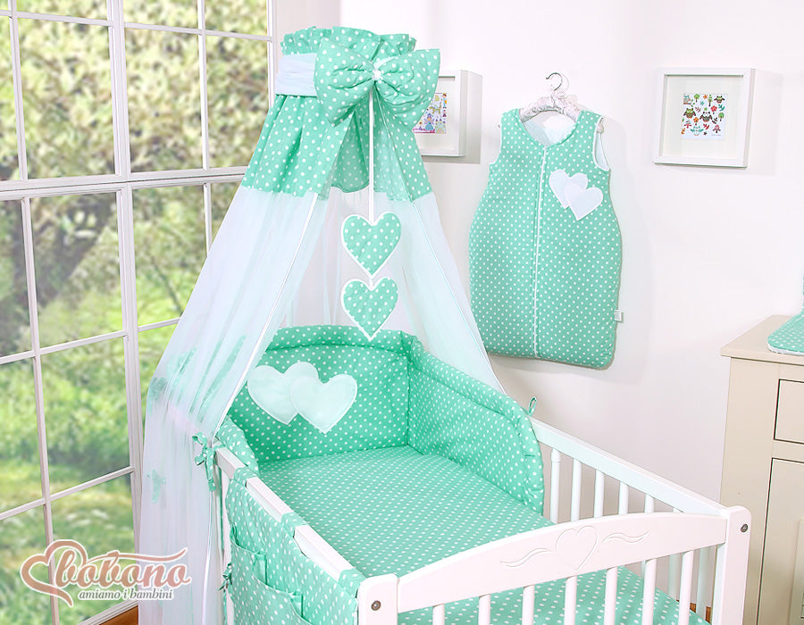 Bedding set 5-pcs 120x90 - Hanging Hearts white dots on mint