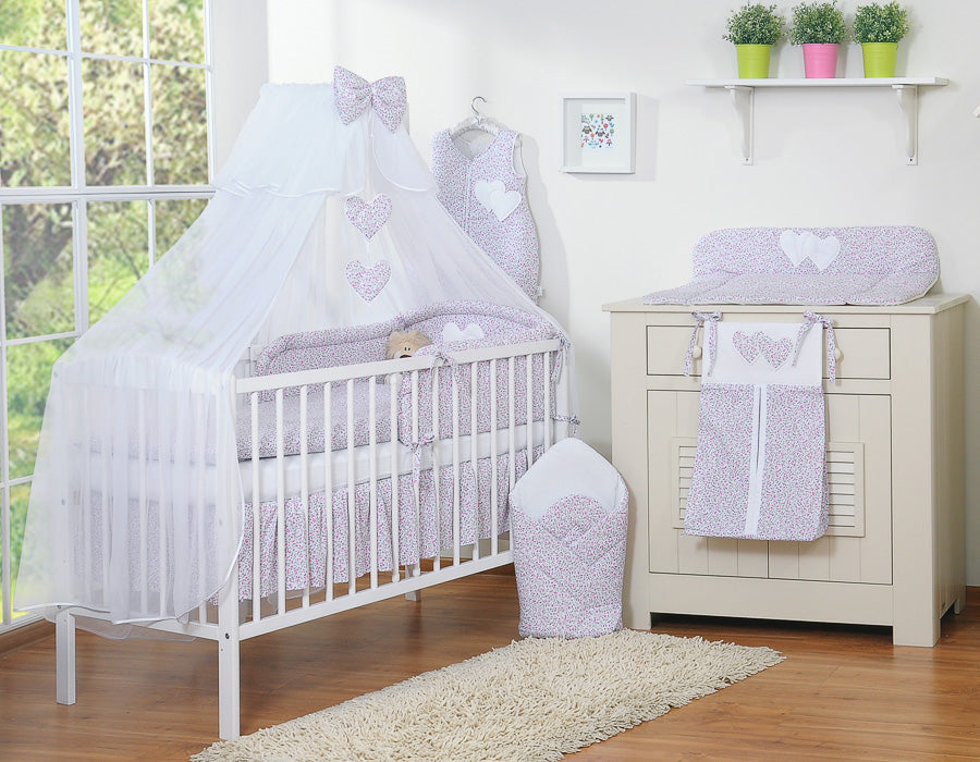 Bedding set 5-pcs with mosquito-net- Hanging Hearts pink flowers