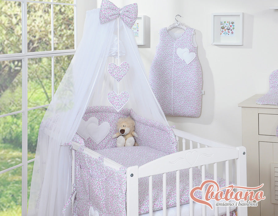 Bedding set 5-pcs with mosquito-net- Hanging Hearts pink flowers