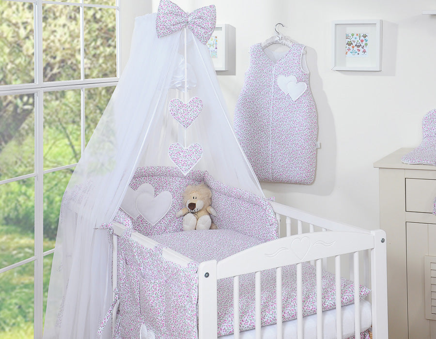 Bedding set 5-pcs with mosquito-net- Hanging Hearts pink flowers
