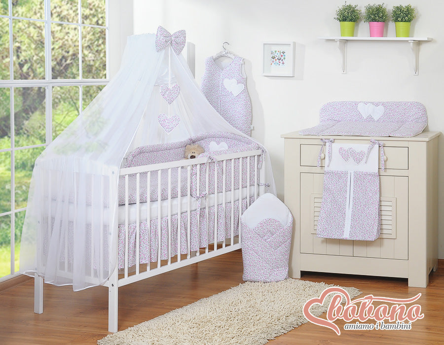 Bedding set 5-pcs with mosquito-net- Hanging Hearts pink flowers