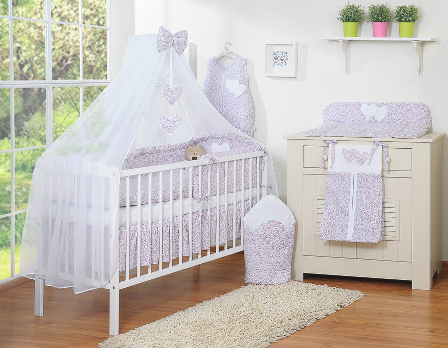 Bedding set 5-pcs with mosquito-net- Hanging Hearts pink flowers