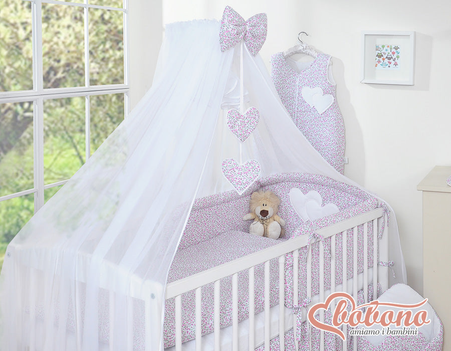 Bedding set 5-pcs with mosquito-net- Hanging Hearts pink flowers