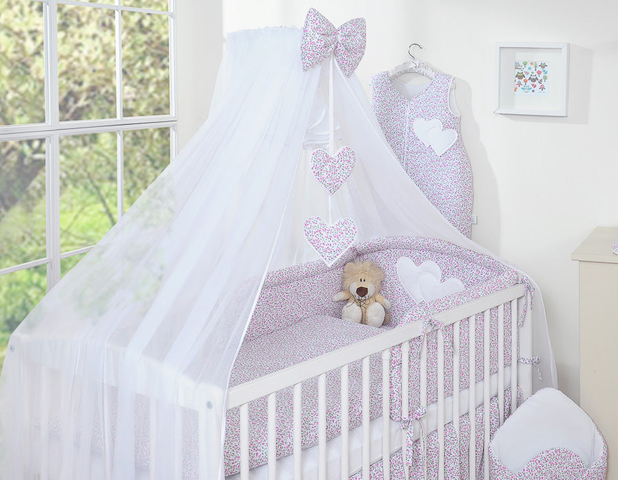 Bedding set 5-pcs with mosquito-net- Hanging Hearts pink flowers