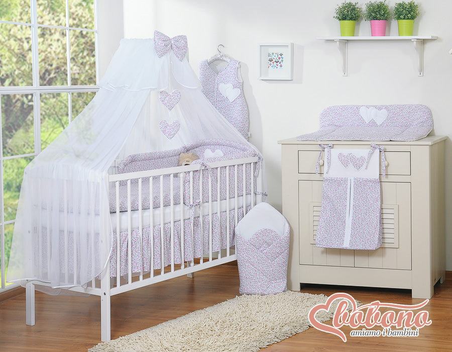 Bedding set 5-pcs with mosquito-net- Hanging Hearts pink flowers