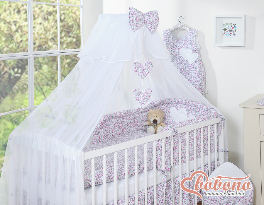 Bedding set 5-pcs with mosquito-net- Hanging Hearts pink flowers