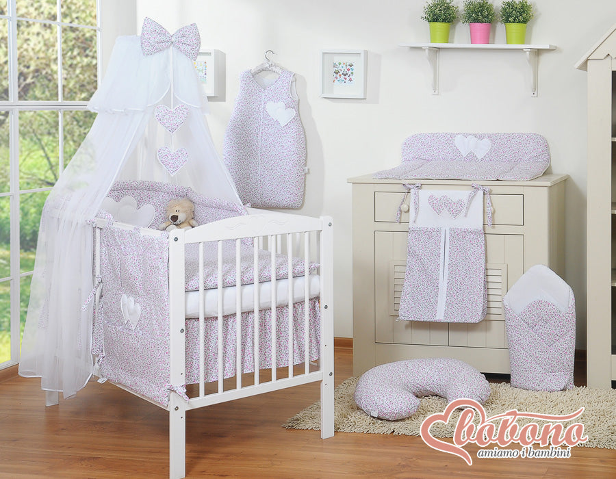 Bedding set 5-pcs with mosquito-net- Hanging Hearts pink flowers