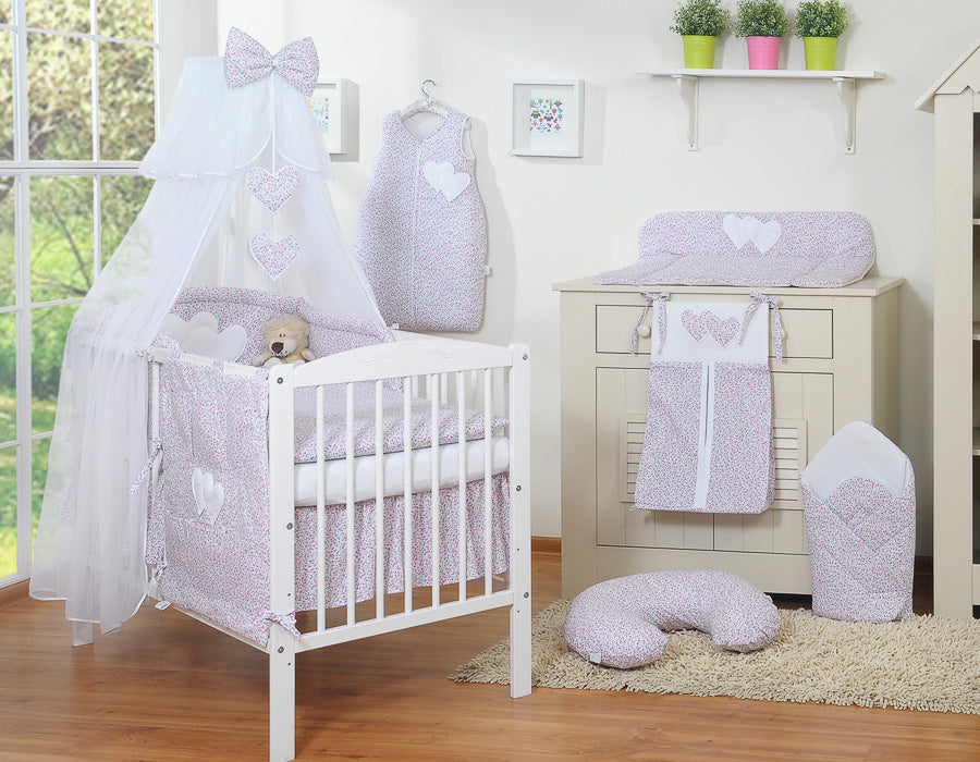 Bedding set 5-pcs with mosquito-net- Hanging Hearts pink flowers