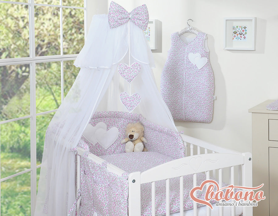 Bedding set 5-pcs with mosquito-net- Hanging Hearts pink flowers
