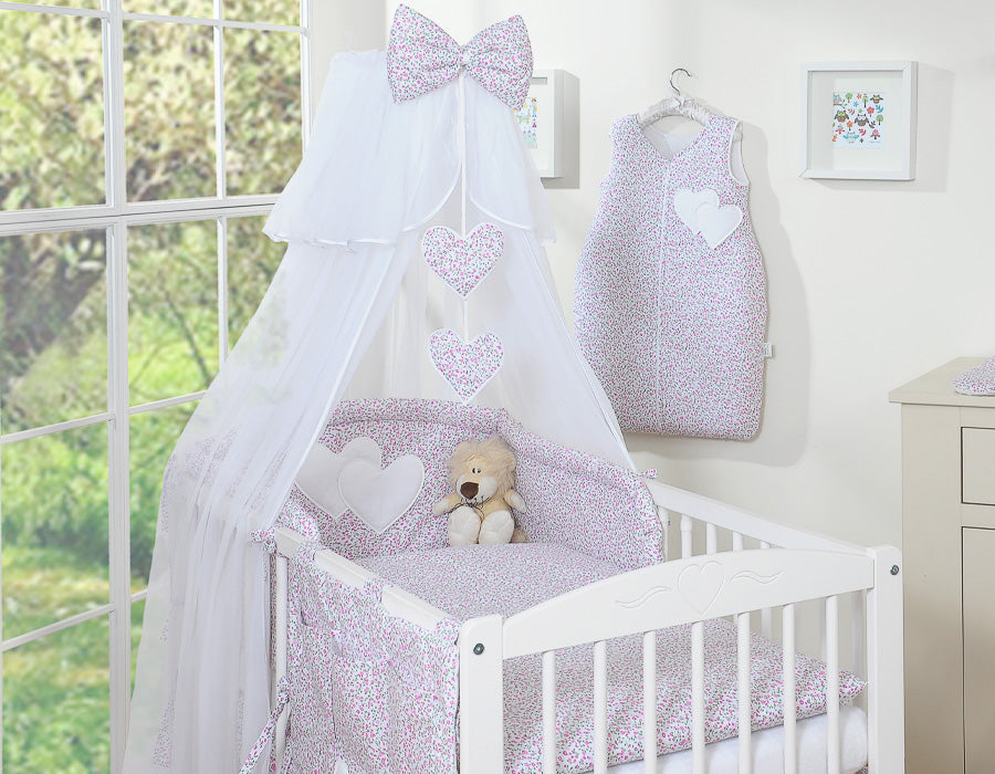 Bedding set 5-pcs with mosquito-net- Hanging Hearts pink flowers