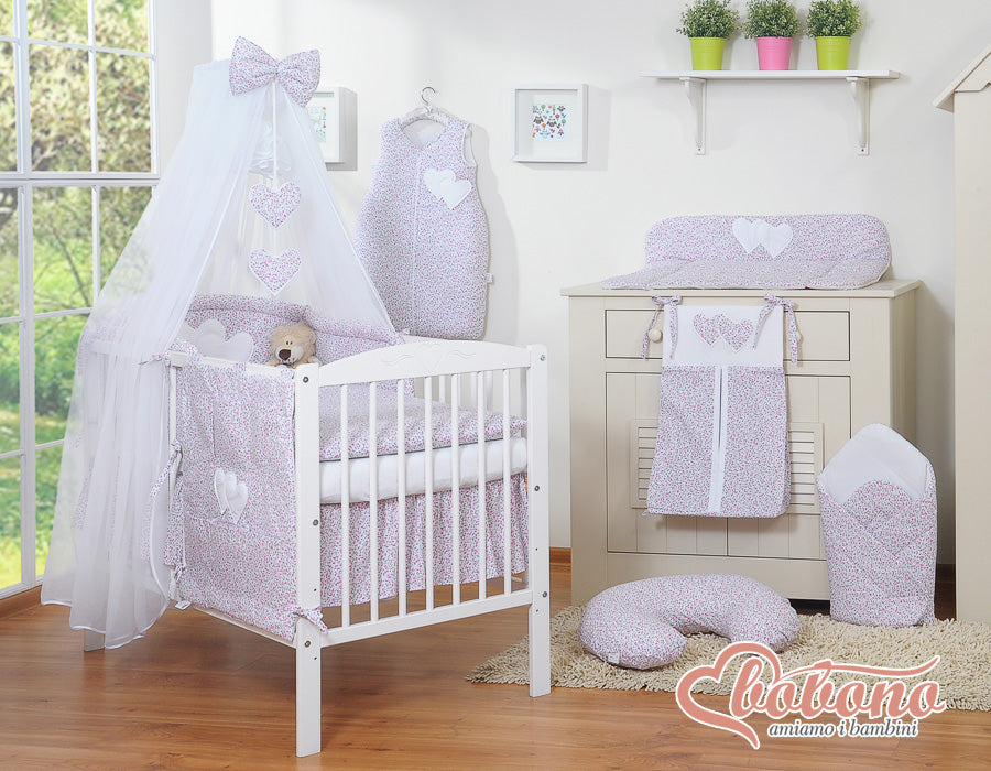 Bedding set 5-pcs with mosquito-net- Hanging Hearts pink flowers