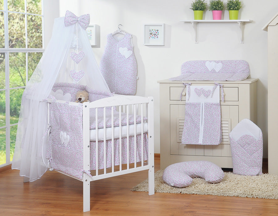 Bedding set 5-pcs with mosquito-net- Hanging Hearts pink flowers