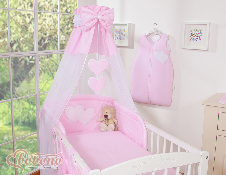 Bedding set 5-pcs 120x90 with canopy - Hanging Hearts pink strips