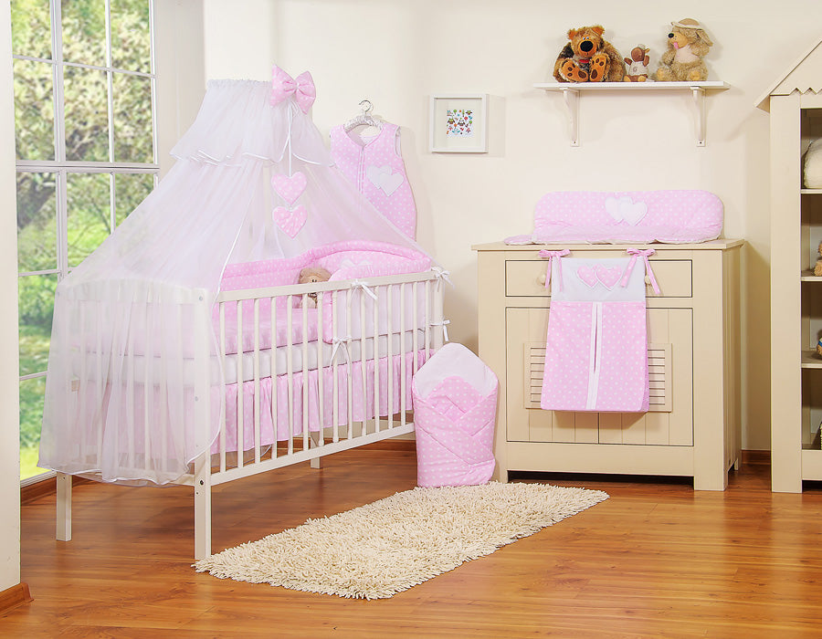Bedding set 5-pcs with mosquito-net- Hanging Hearts white dots on pink