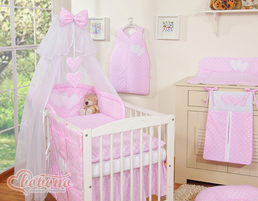 Bedding set 5-pcs with mosquito-net- Hanging Hearts white dots on pink