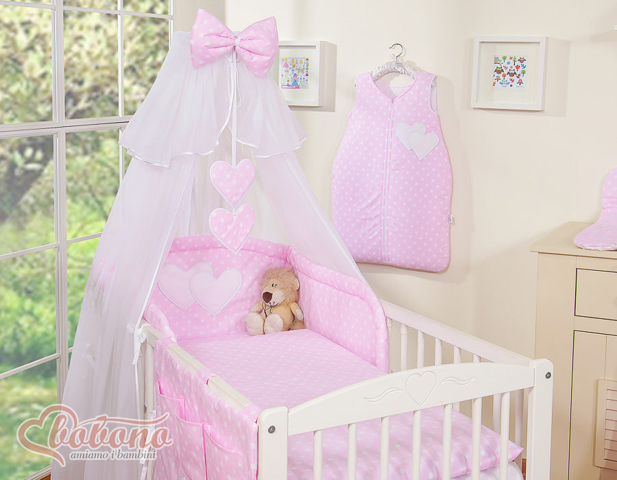 Bedding set 5-pcs with mosquito-net- Hanging Hearts white dots on pink
