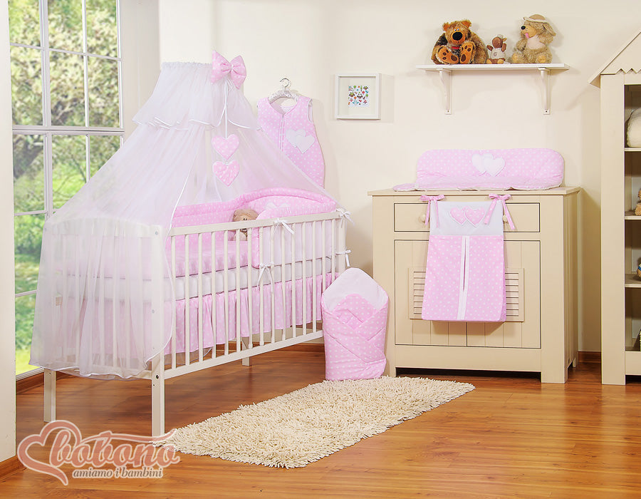 Bedding set 5-pcs with mosquito-net- Hanging Hearts white dots on pink