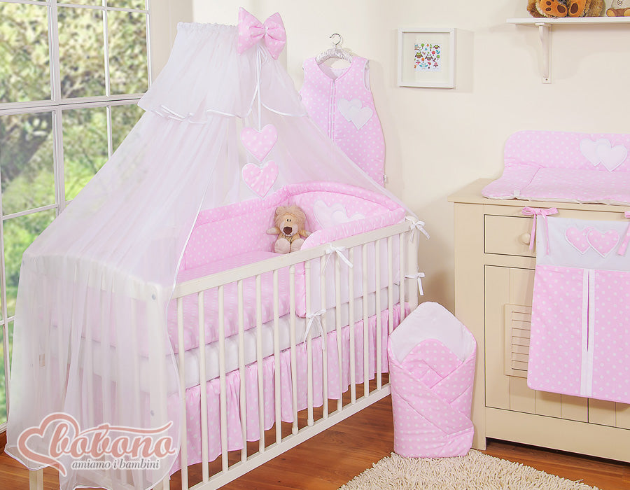 Bedding set 5-pcs with mosquito-net- Hanging Hearts white dots on pink