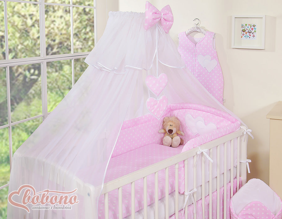 Bedding set 5-pcs with mosquito-net- Hanging Hearts white dots on pink