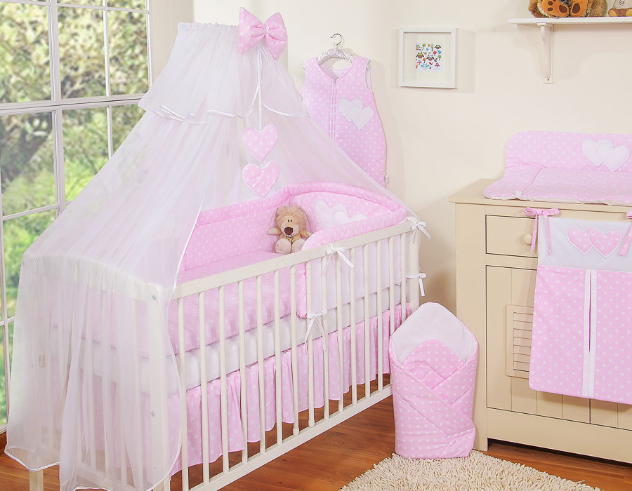Bedding set 5-pcs with mosquito-net- Hanging Hearts white dots on pink