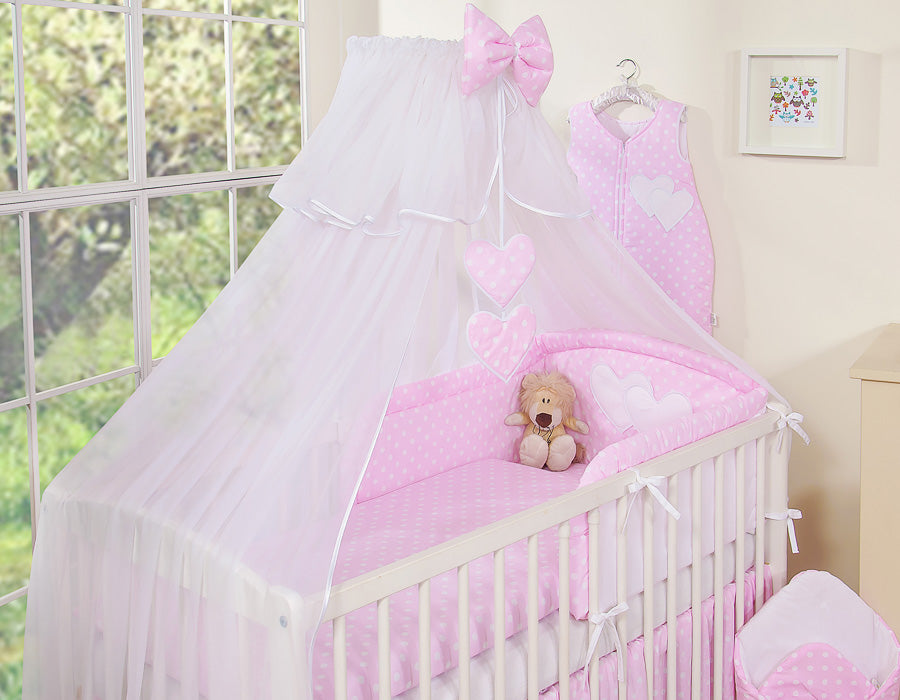 Bedding set 5-pcs with mosquito-net- Hanging Hearts white dots on pink
