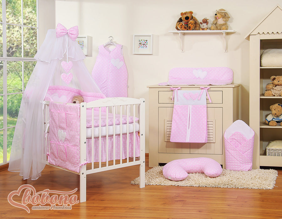Bedding set 5-pcs with mosquito-net- Hanging Hearts white dots on pink